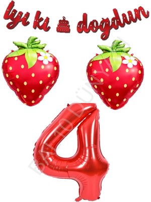 Bal10 Dünyası Iyiki Doğdun Yazılı Çilek Konsept Doğum Günü Folyo Balon Seti Yaş-4