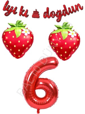 Bal10 Dünyası Iyiki Doğdun Yazılı Çilek Konsept Doğum Günü Folyo Balon Seti Yaş-6