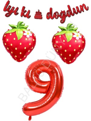 Bal10 Dünyası Iyiki Doğdun Yazılı Çilek Konsept Doğum Günü Folyo Balon Seti Yaş-9