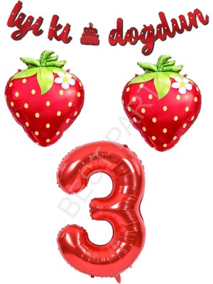 Best Parti Iyiki Doğdun Yazılı Çilek Konsept Doğum Günü Folyo Balon Seti Yaş-3