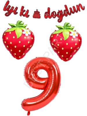 Best Parti Iyiki Doğdun Yazılı Çilek Konsept Doğum Günü Folyo Balon Seti Yaş-9