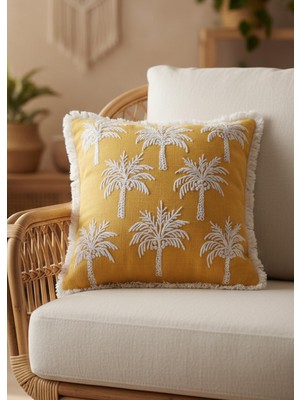 The Mia Tropikal Palmiye Desenli Kırlent Hardal 45 x 45 cm