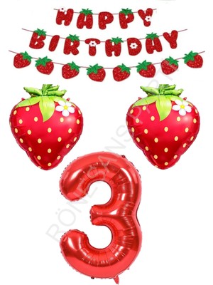 Rönesans Parti Happy Bırthday Yazılı Çilek Konsept Folyo Balon Seti Yaş-3