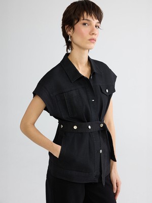 Lcw Siyah Gömlek Yaka Kemerli Kadın Jean Yelek