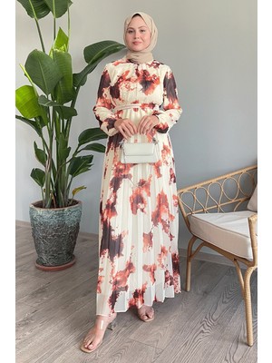 inStyle Batik Soyut Desen Kiremit Şifon Elbise