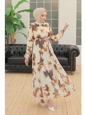 inStyle Batik Soyut Desen Kahverengi Şifon Elbise