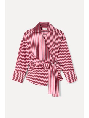 Çizgili Kruvaze Bağlamalı Oversıze Bluz