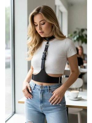 Çamaşır Kenti Siyah Kadın Kemer Geniş Deri Tokalı Yelek Detaylı - CK1297