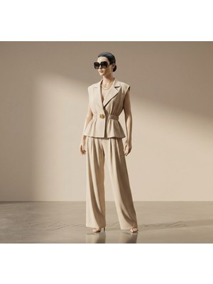 Gizelia Krem Rengi Gold Gül Aksesuar Detaylı Yelek Pantolon Alt Üst Takım