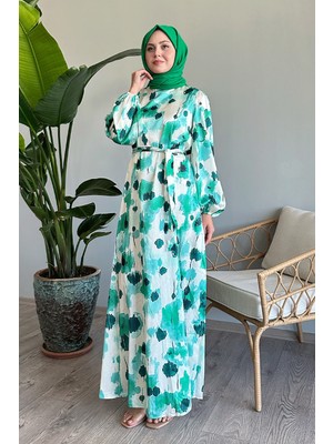 inStyle Çiçekli Kuşaklı Yeşil Saten Elbise