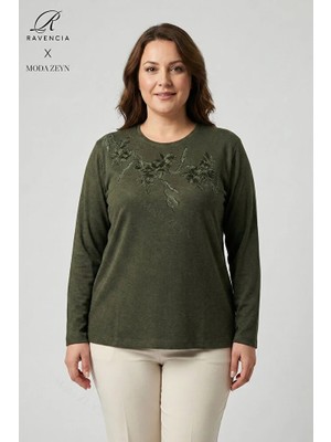 Ravencia Kadın Ağaç Desen Taşlı Likralı Yırtmaçlı Yün Viskon Anne Penye Bluz