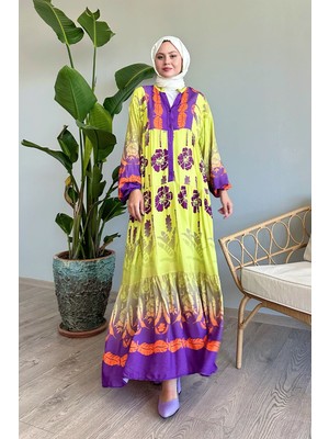 inStyle Renkli Palmiye Desen Sarı Viskon Elbise