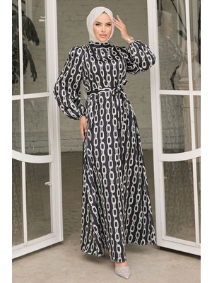 inStyle Zincirli Desen Siyah Saten Elbise