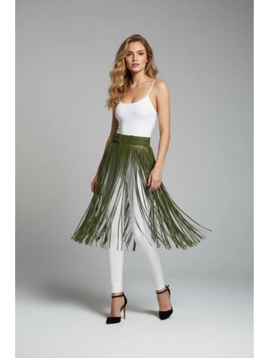 Çamaşır Kenti Haki Etek Uzun Püskül Detaylı Etek Suni Deri Etek Yüksek Bel Etek - CK1090