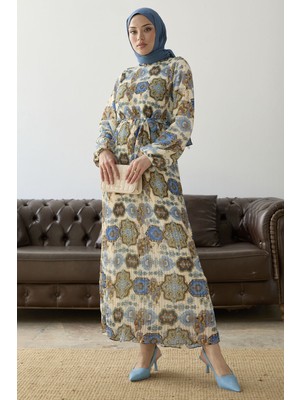 inStyle Piliseli Şal Desen Mavi Şifon Elbise