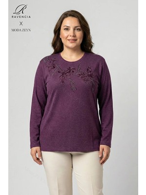 Ravencia Kadın Ağaç Desen Taşlı Likralı Yırtmaçlı Yün Viskon Anne Penye Bluz