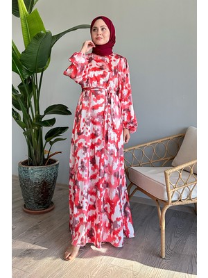 inStyle Fırça Desenli Kırmızı Saten Elbise