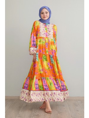 inStyle Çıtır Çiçek Detay Oranj Viskon Elbise