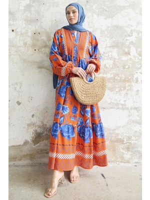 inStyle Akasya Çiçek Oranj Viskon Elbise