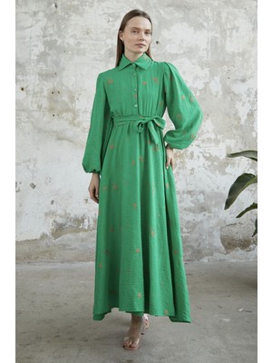 inStyle Kuşaklı Işlemeli Nakışlı Yeşil Elbise