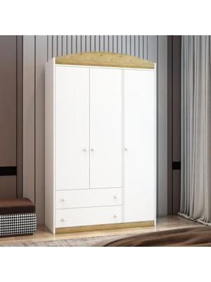 Afilli Lucia 3 Kapaklı Beyaz Ceviz MDF Malzemeden 2 Çekmeceli Gardrop Ayna Yok