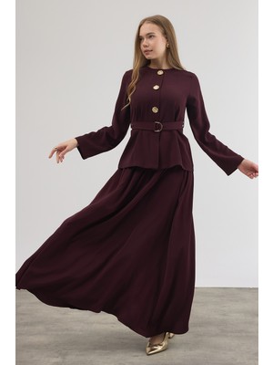 Vavinor Gold Düğme Detaylı Etek Bluz Takım - Mürdüm