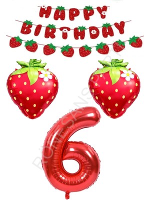 Rönesans Parti Happy Bırthday Yazılı Çilek Konsept Folyo Balon Seti Yaş-6