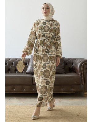 inStyle Piliseli Şal Desen Haki Şifon Elbise
