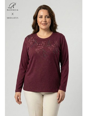 Ravencia Kadın Ağaç Desen Taşlı Likralı Yırtmaçlı Yün Viskon Anne Penye Bluz