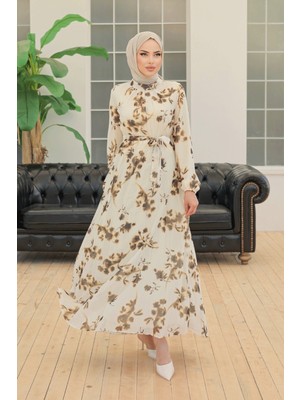 inStyle Batik Çiçekli Kahverengi Şifon Elbise