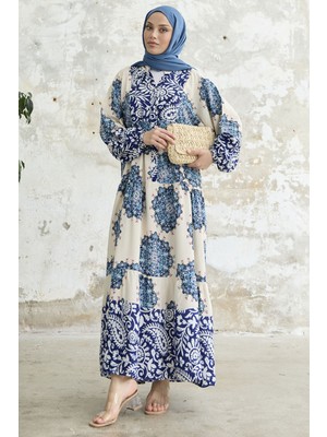 inStyle Desenli Hakim Yaka Mavi Elbise