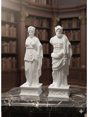 2'li Antik Yunan Heykel Seti - 20 cm Dekoratif Büst Biblo - Beyaz