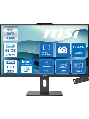 MSI Msı Pro AP272P Intel Core I7 14700 5.4 Ghz 48GB Ddr5 1tb SSD Intel UHD Graphics 770 Windows 11 Home 27" IPS Fhd 250NITS 14MS All In One Bilgisayar 14MQ864EUH23 + Zetta USB