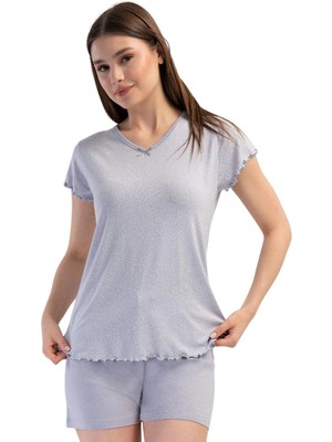 Çamaşır Kenti Likralı Viskon V Yaka Kısa Kol Eteği Oval Şort Tak