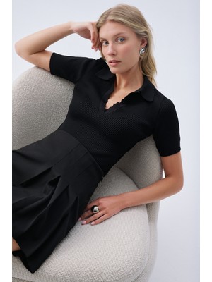 Fıtted Polo Yaka Kısa Kollu Triko Kazak