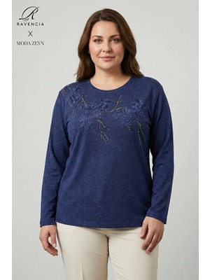 Ravencia Kadın Ağaç Desen Taşlı Likralı Yırtmaçlı Yün Viskon Anne Penye Bluz