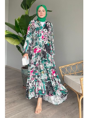 inStyle Lotus Desen Balon Kol Siyah Viskon Elbise