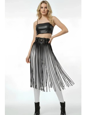 Çamaşır Kenti Siyah Etek Deri Yüksek Bel Etek Çift Tokalı Uzun - CK1090