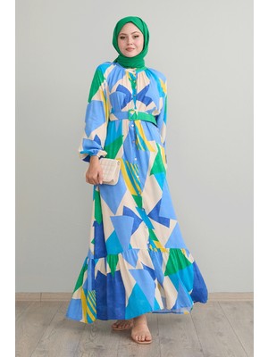 inStyle Geometrik Desen Kemerli Mavi Viskon Elbise