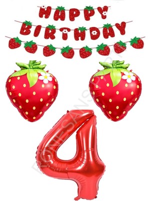 Rönesans Parti Happy Bırthday Yazılı Çilek Konsept Folyo Balon Seti Yaş-4