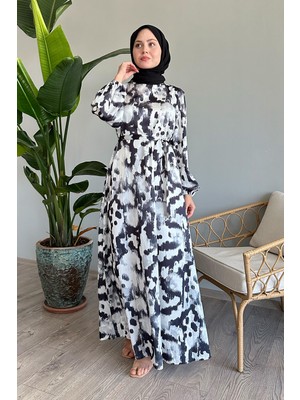 inStyle Fırça Desenli Siyah Saten Elbise