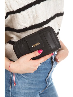 Newish Polo Kadın Deri Desenli Telefon Kağıt Para Bölmeli Kartlık ve Cüzdan NEWPOLO215 - Siyah