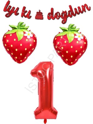 İstoç Parti Iyiki Doğdun Yazılı Çilek Konsept Doğum Günü Folyo Balon Seti Yaş-1
