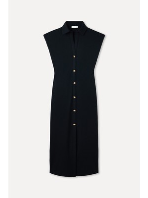 Fitted Kolsuz Midi Elbise Düğme Detaylı Klasik Stil Özel Olay İçin Şık Tasarım