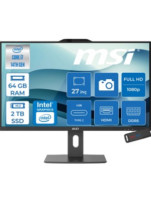 MSI Msı Pro AP272P Intel Core I7 14700 5.4 Ghz 64GB Ddr5 2tb SSD Intel UHD Graphics 770 Windows 11 Home 27" IPS Fhd 250NITS 14MS All In One Bilgisayar 14MQ864EUH29 + Zetta USB