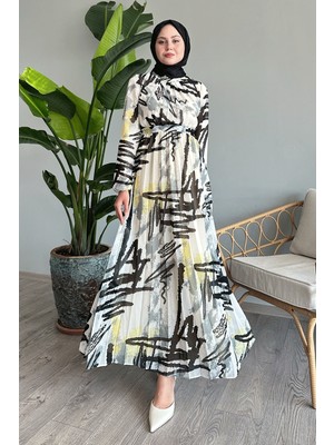 inStyle Karışık Şerit Desen Gri Şifon Elbise