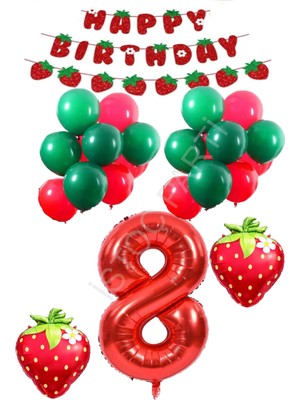 İstoç Parti Çilek Temalı Latex Balonlu Doğum Günü Parti Seti Yaş-8