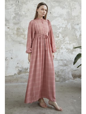 inStyle Kendinden Kuşaklı Desenli Gül Kurusu Elbise