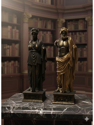 2'li Antik Yunan Heykel Seti - 20 cm Dekoratif Büst Biblo - Altın Eskitme