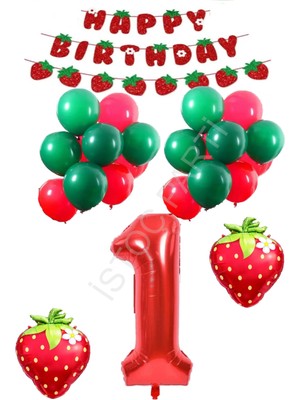 İstoç Parti Çilek Temalı Latex Balonlu Doğum Günü Parti Seti Yaş-1
